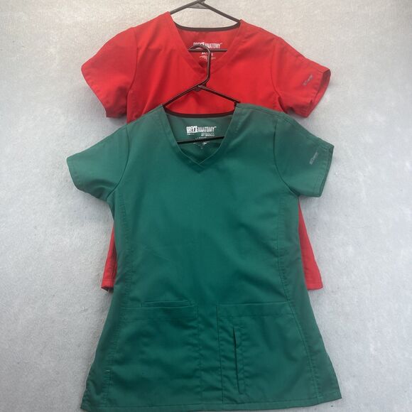 Greys Anatomy Active Scrub Tops V Neck XS Red & Green Womens Lot 2 - Picture 1 of 16